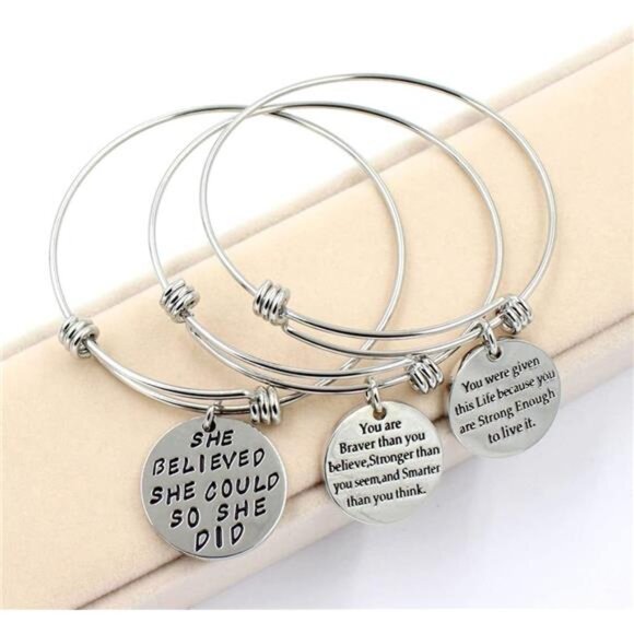 Women Inspirational Bracelet Set 3 Pack Engraved Motivational Adjustable Silver - Picture 5 of 8